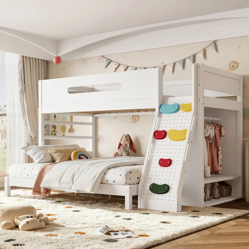 Twin XL over Queen Bunk Bed with Built-in Wardrobe and Storage Spaces, Solid Wood Bunk Bed with Guardrails,  Rock Climbing and Full Upgraded Slats Design
