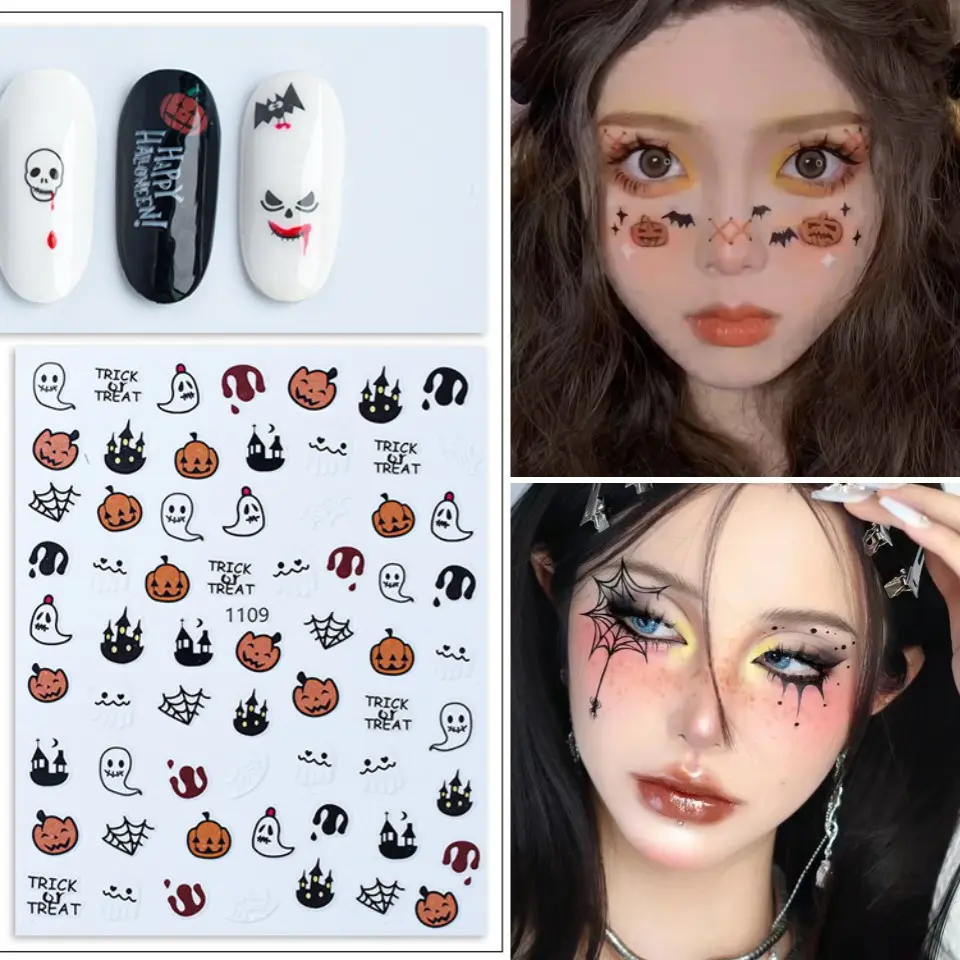Kids Halloween Face Stickers - Cartoonish Cute Ghost, Little Devil, Pumpkin Makeup Decals - Apply Easily, Multiple Colors, Playful Look Self-Adhesive Face Art for Boys - Halloween Wear, Costume Party Charm, Holiday Gift