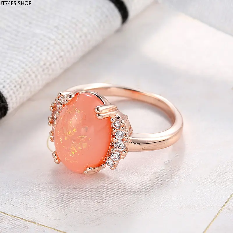 Stunning Oval Orange Australian Opal Ring, Copper Inlaid Shiny Zircon Unique Fashion Jewelry For Girls