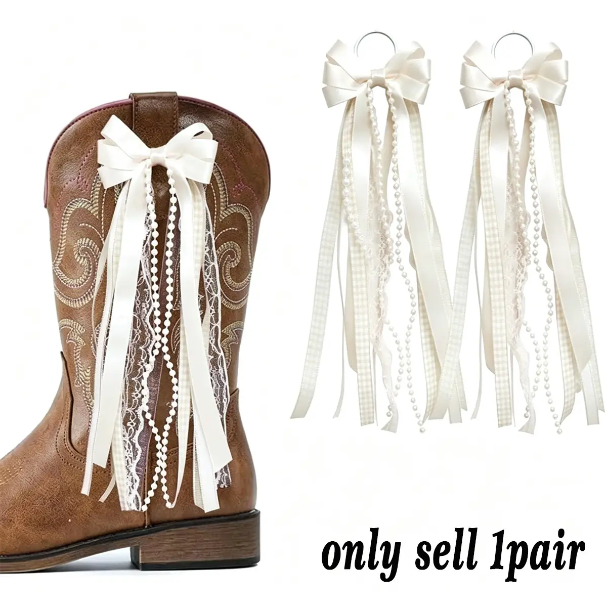Ribbon Bow Boot Decoration, Buffalo Plaid Boot Ornament, Glitter Pearl Lace Festival Birthday School Accessory, Mid-Calf/western Cowboy Boots Decor, Ribbon Bow Design, Buffalo Plaid Pattern