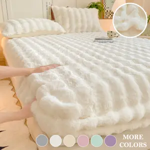 Ultra-Soft Faux Rabbit Fur Bubble Velvet Bed Sheet Set, Milk Velvet Plush Polyester Bedding, Warm and Cozy Guest Room & Dorm Room Bedding Set