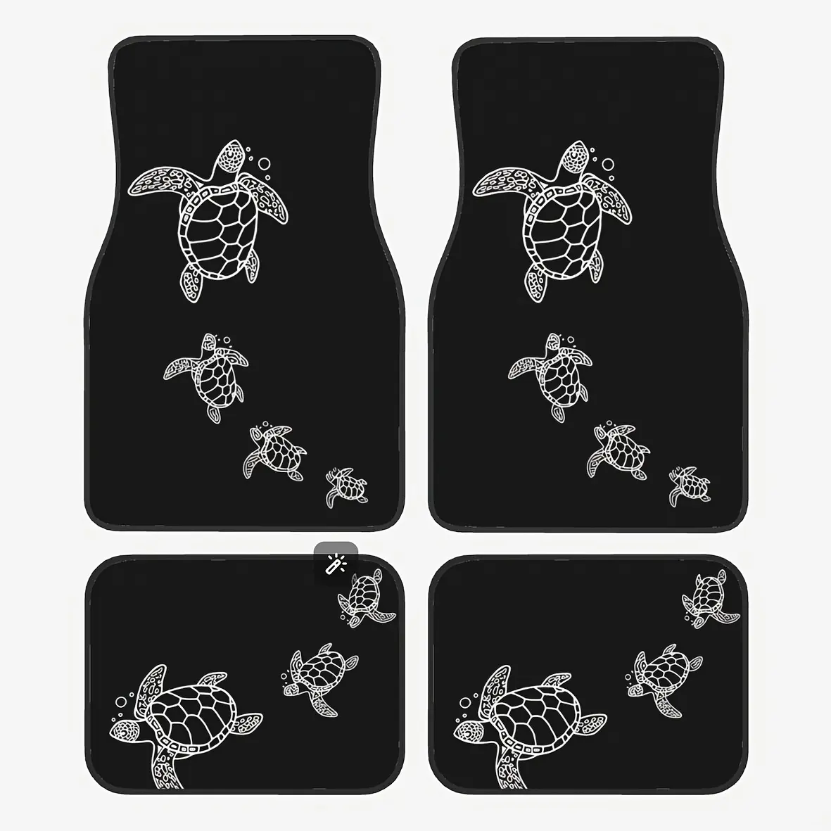4pcs Marine-Themed Car Interior Accessories - Sea Turtle Pattern Car Floor Mats Set - Black Polyester Full Coverage Front & Rear Seats, Fit for Sedans, Vans, SUVs, All-Weather Durable with Non-Slip Backing & Precise Pedal Cutouts