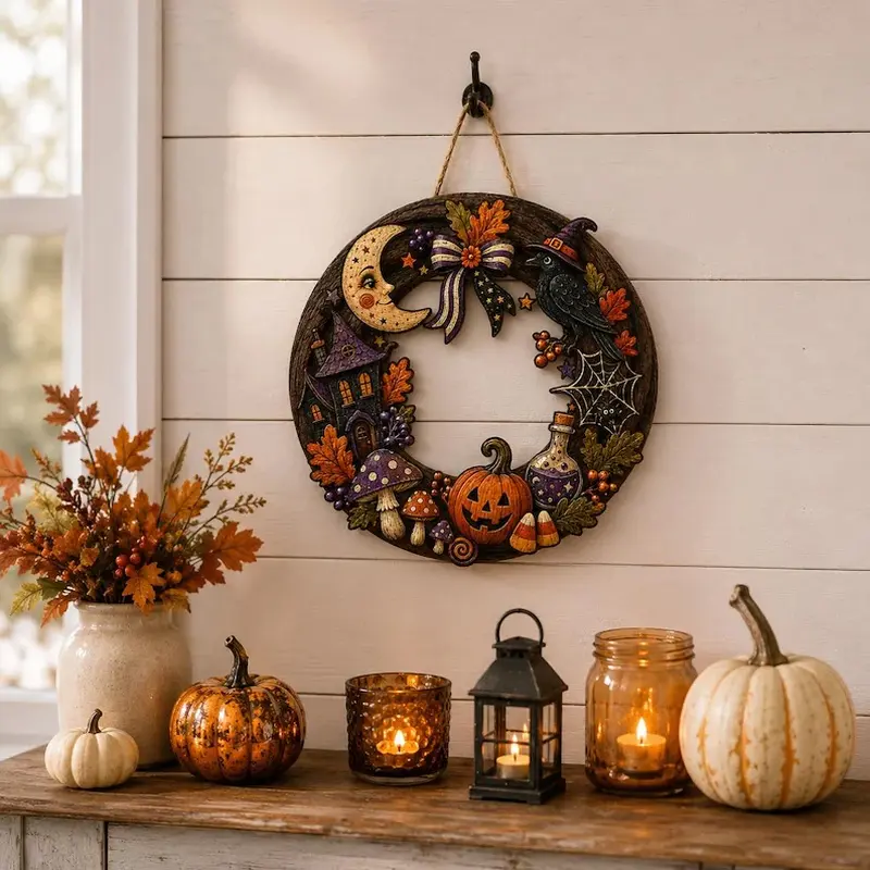 1 piece vintage Halloween wooden wreath hanging ornament for front door, rustic American autumn wreath decorated with moon, crow, pumpkin, haunted house, mushroom and spider web elements, country-style fall Halloween wall and door decor