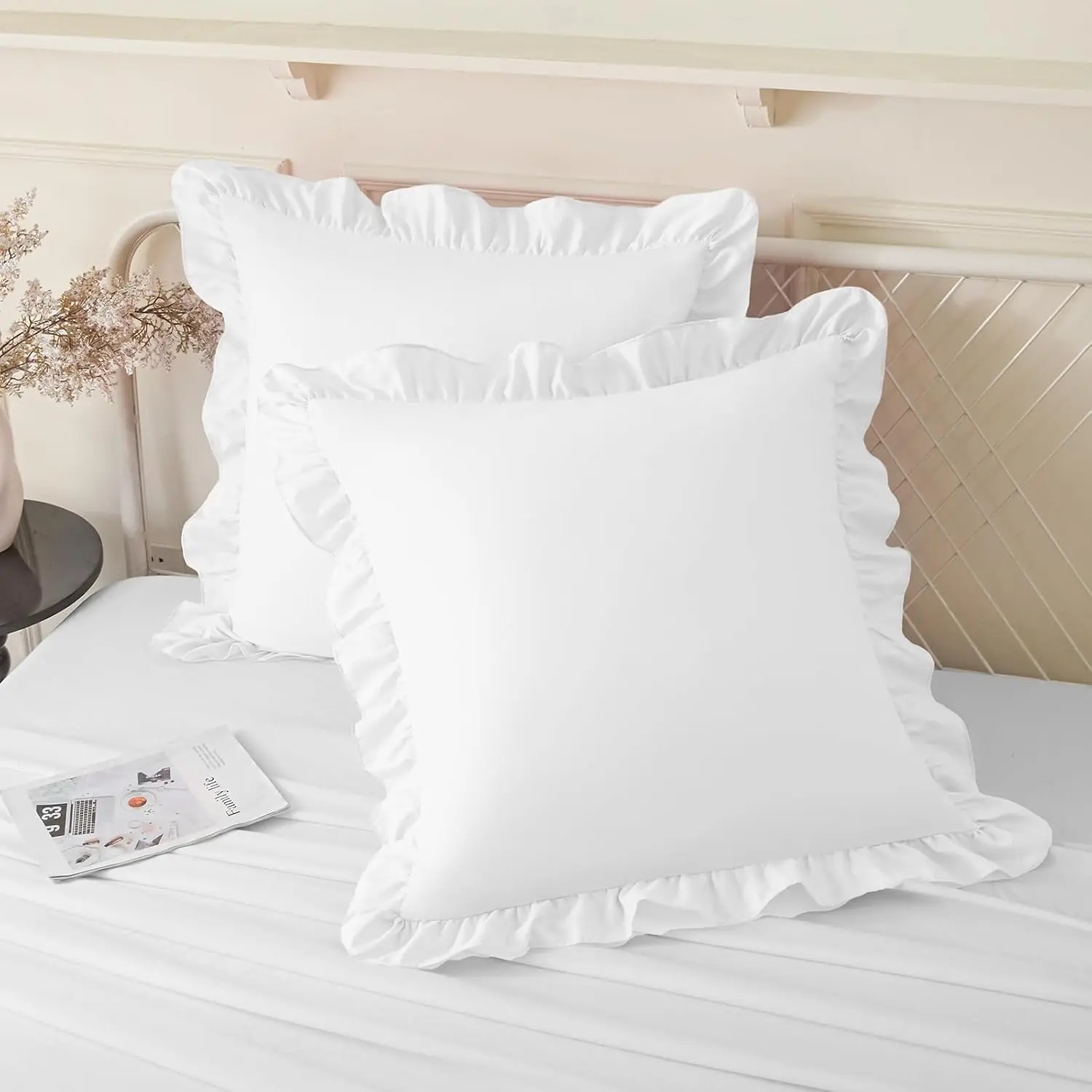 Set of 2 26x26 Inches Ruffle Pillow Cases, White Square Ruffled Pillow Covers, Microfiber Wrinkle Resistant Pillow Shams with Envelope Closure for Sofa Bed Living Room