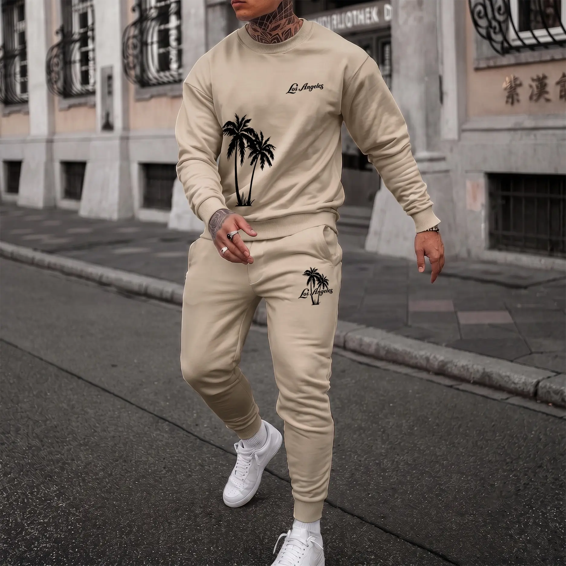 Men's Los Angeles Palm Tree Graphic Crewneck Sweatshirt and Jogger Pants Set, Casual Long Sleeve Pullover with Drawstring Sweatpants, Fall Winter Tracksuit for Daily Wear, Travel, Lounge and Outdoor Activities