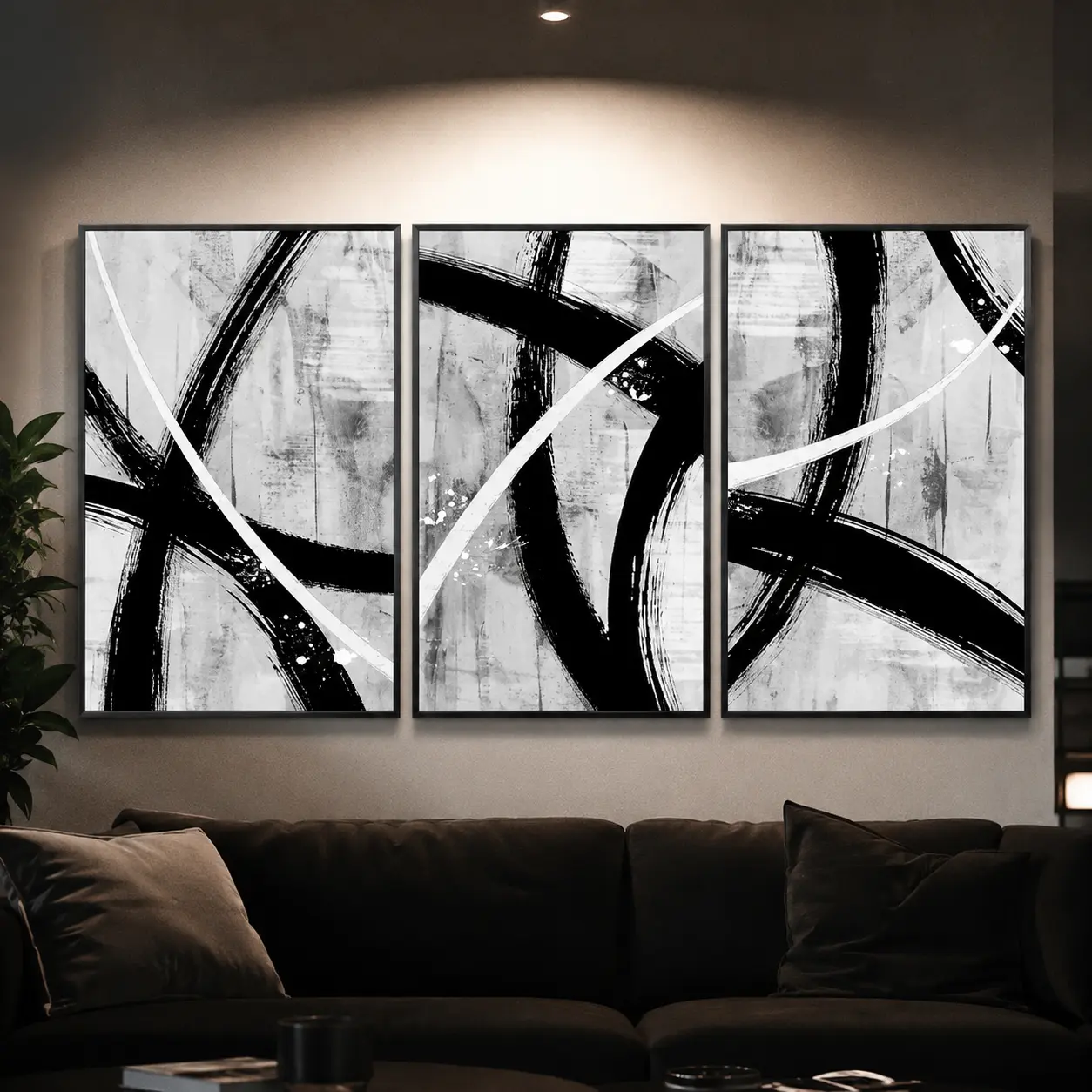 3pcs Canvas Wall Art Set, Geometric Abstract Print in Black Gray White, Modern Artistic Stroke Design, Minimalist Home Decor for Bedroom Bathroom Kitchen Living Room, Easy Hang UV Resistant Decorative Artwork