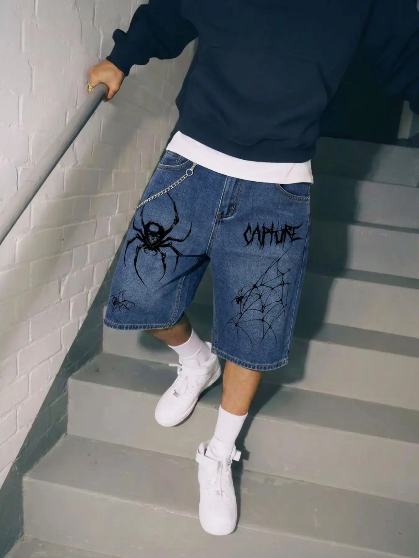 American Punk Style Spider Web Pattern Denim Shorts, Light Blue Washed High Waist Loose Fit, Casual Streetwear with Multiple Pockets