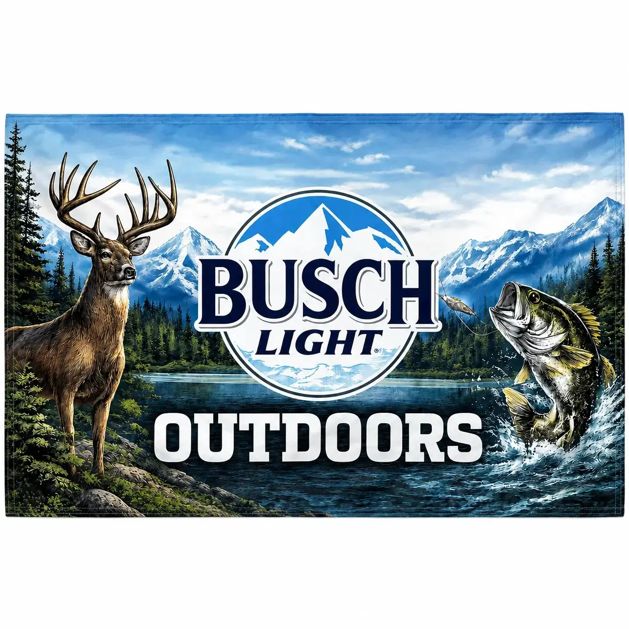 3x5 Ft Busch Outdoors Flag - Smooth Hanging Deer Hunting Bass Fishing Mountain Lake Beer Banner, Rustic Landscape Tapestry, Lightweight Home Decor, Room Decorations for Hunters (Cabin, Garage Use)