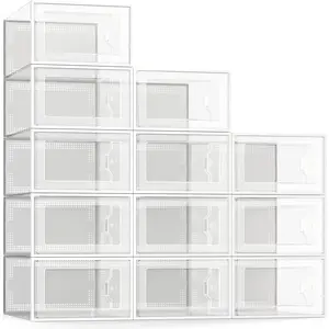 12 Pack Shoe Storage Box, Clear Plastic Stackable Shoe Organizer for Closet, Space Saving Foldable Shoe Rack Sneaker Container Bin Holder