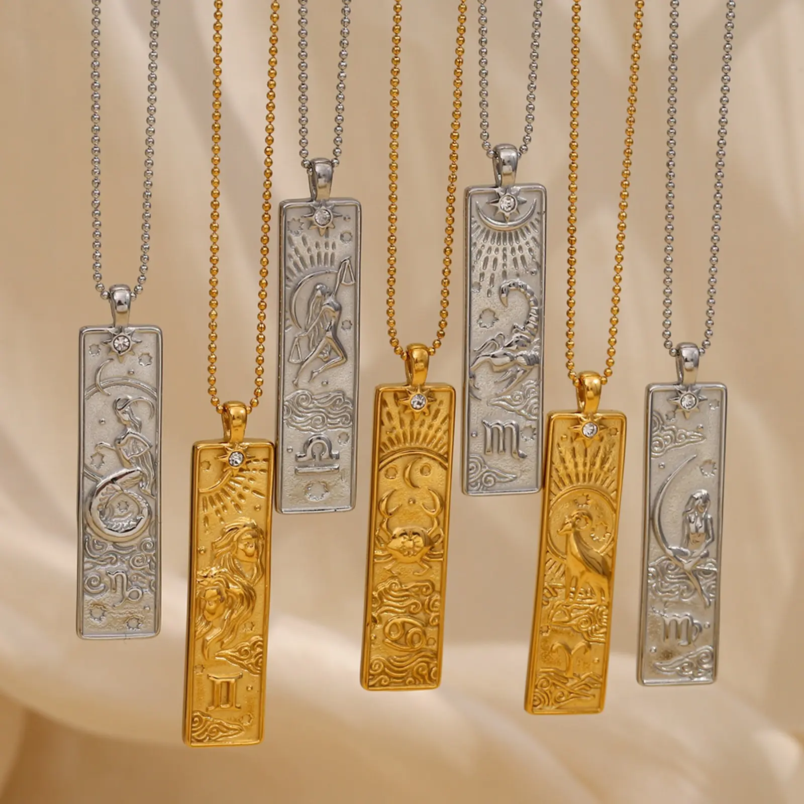 12 Zodiac Sign Vertical Bar Pendant Necklace Vintage Embossed Constellation Stainless Steel Jewelry For Women Gold Silver Two Tone Rectangle Star Sign Tag Necklace With Tiny Crystal Astrology Horoscope Bar Pendant Necklace Birthday Gift For Her Him Anti-t