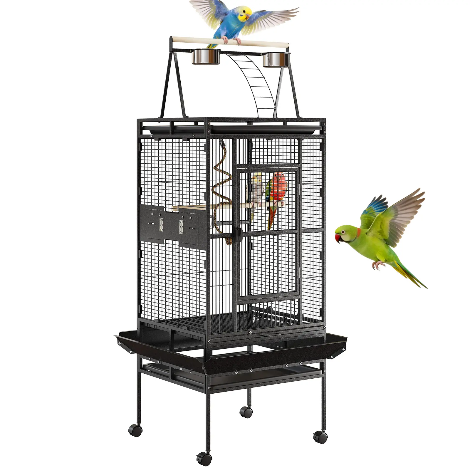 67-Inch Large Wrought Iron Bird Cage with Rolling Stand and Playtop Roof Playground - Perfect for Cockatiels, Conures, Parakeets, Lovebirds, Canaries, Small and Medium Parrots