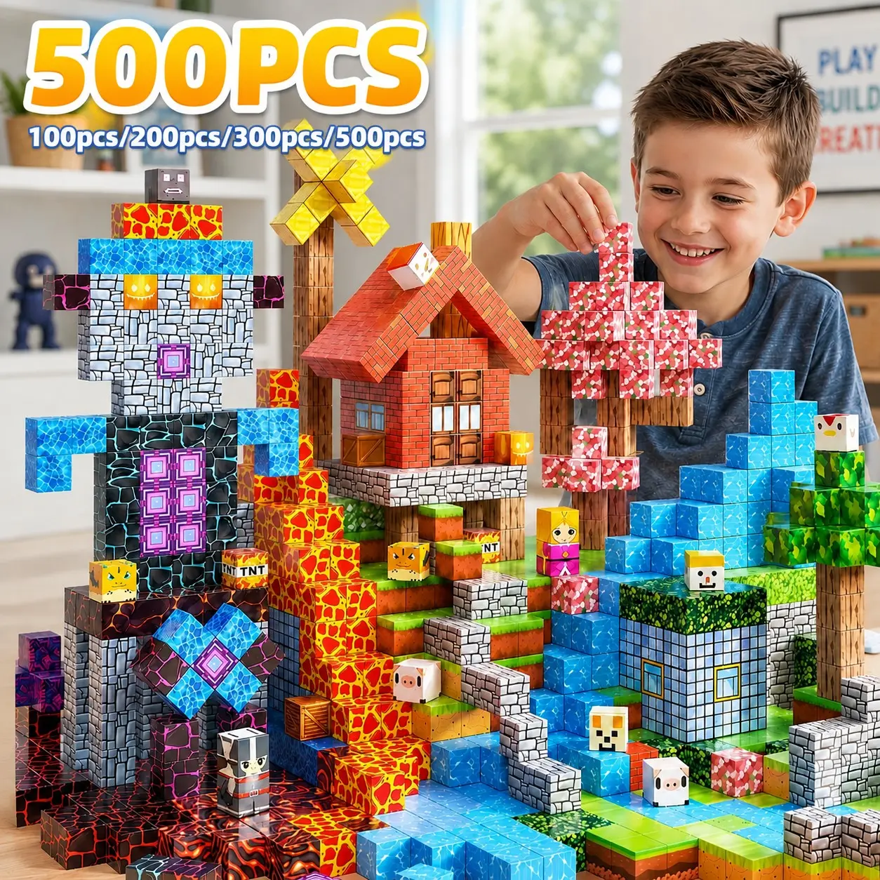 100/200/300/500pcs Magnetic Cube Building Blocks, Magnetic Building Set, Colorful Pixel Style, Stem Educational Toy, Unisex, No Battery Needed, Choking Hazard Warning
