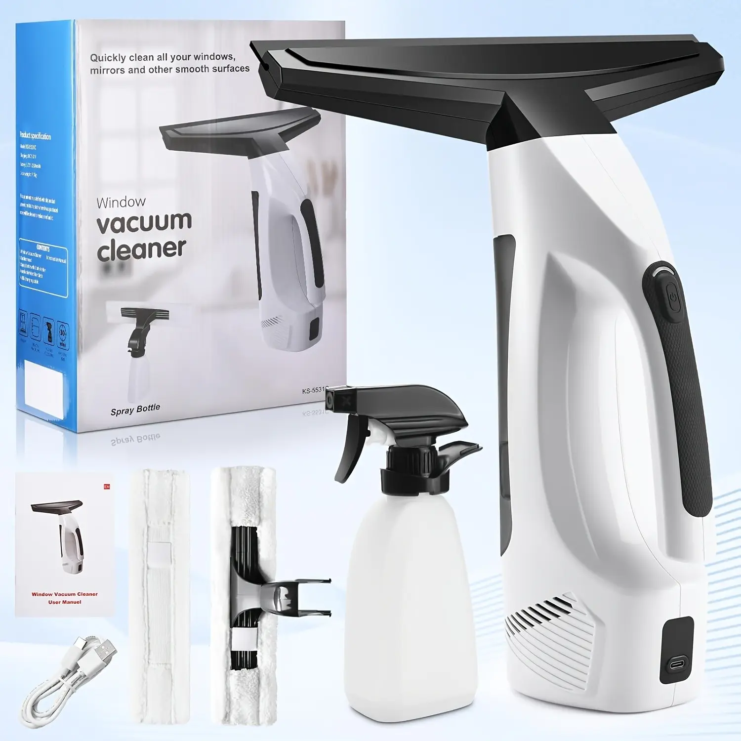 Cordless Window Vacuum Squeegee, Rechargeable with Spray, Squeegee, And Vacuum Functions, Ideal for Cleaning Windows, Tiles, Mirrors, Countertops, Car Windshields, Glass Surfaces, And Shower Walls