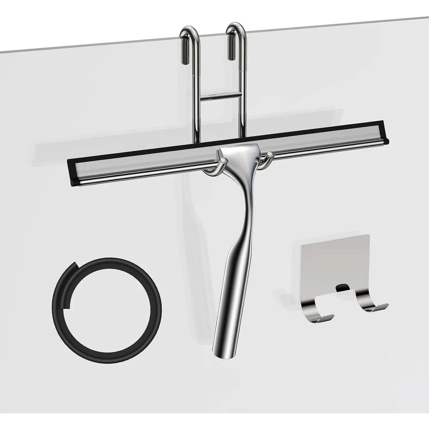 10 In Stainless Steel Shower Squeegee for Glass Doors, All-Purpose Bathroom Gadget with Replacement Blade and Matching Hook Holder, Silver