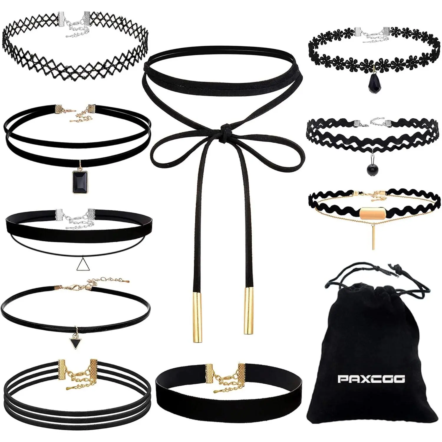 Black Velvet Choker Necklaces (10-Count, 30Cm/ 12.2""), Casual Gothic Tattoo Style Accessory for Daily Wear, 15 Years Old and Above, with Storage Bag for Women, Adjustable Extender Chain