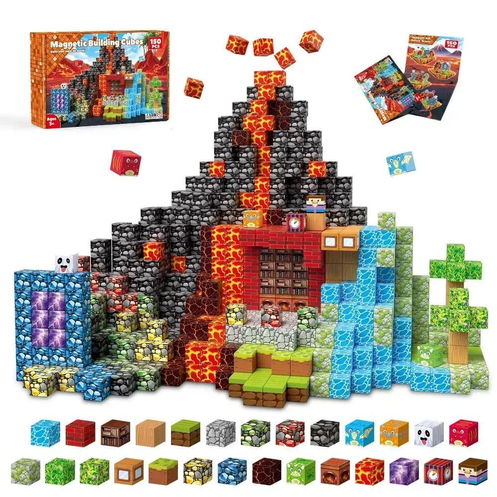 150pcs Minecraft Magnetic Blocks, Building Puzzle Rock Lava Volcano, Educational Assembly Toy, Perfect for Birthday, Party, Halloween, Christmas Gifts
