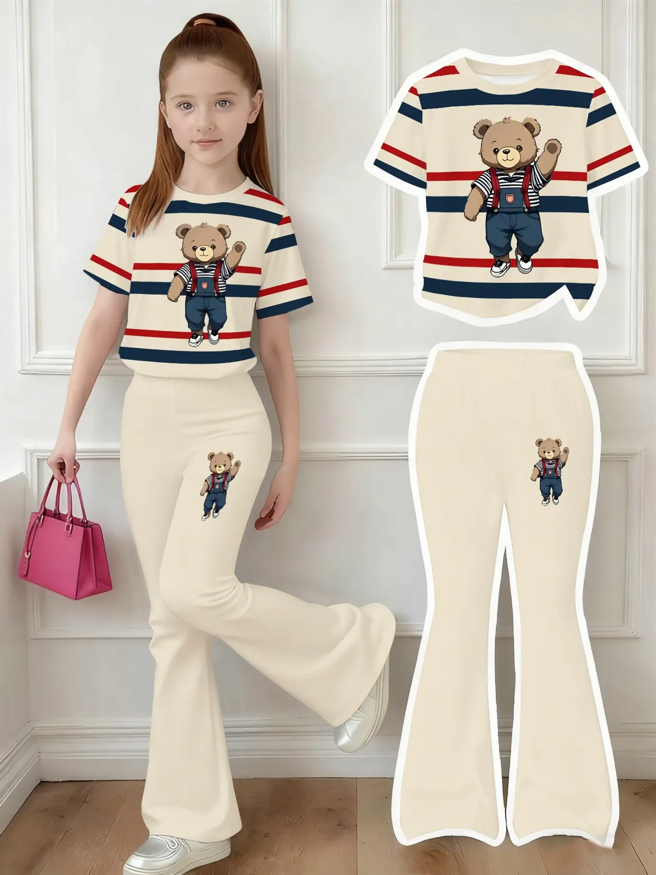 Girls' Striped Bear Print Set, Round Neck Short Sleeve Top & Wide Leg Pants, Vintage American Style, Casual for School & Daily Wear