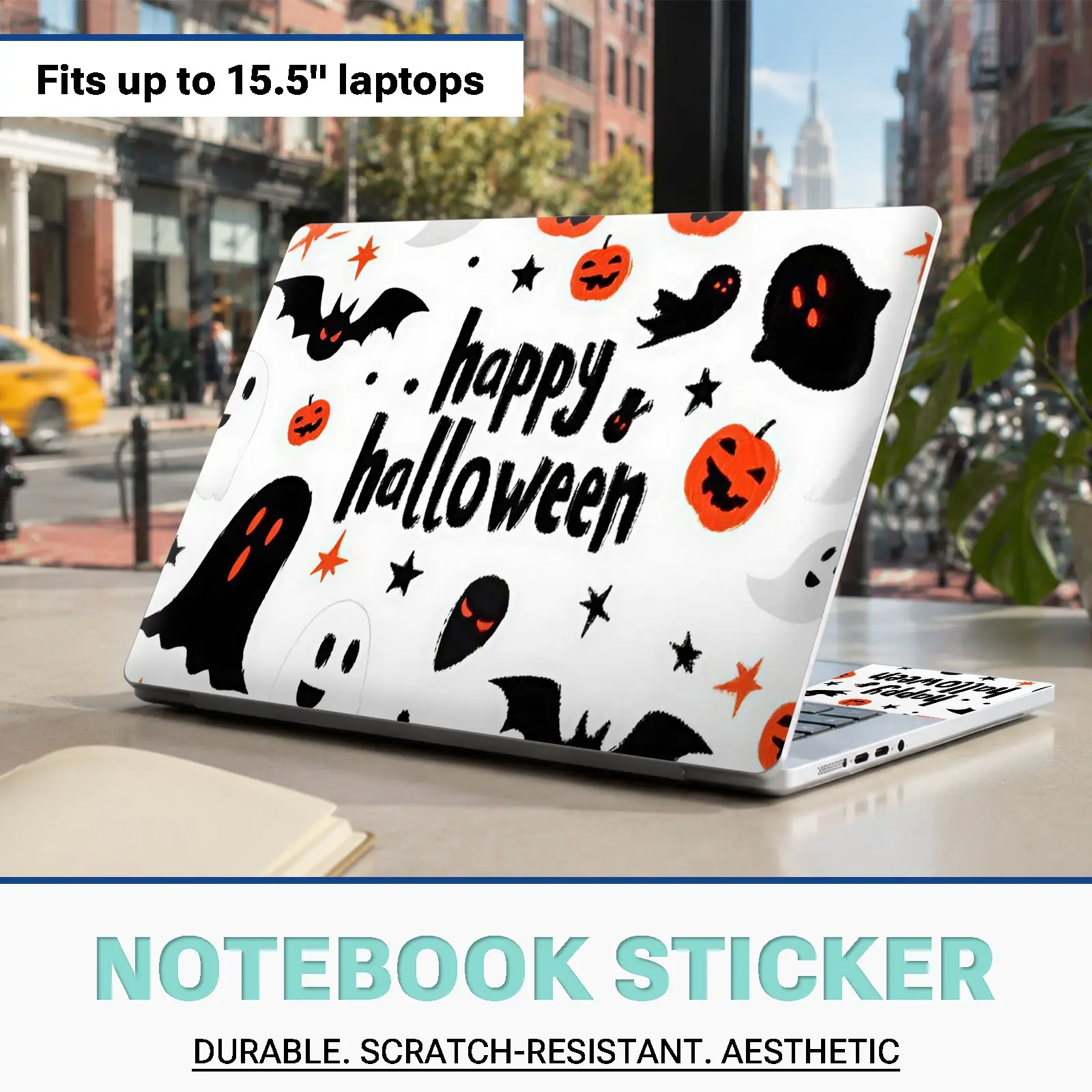 Halloween Pumpkin Ghost Sticker Set for 15.5 Inch Laptops, PVC Material, Removable Without Residue, Scratch-Resistant Computer Decor