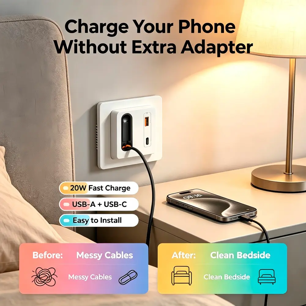 USB C Wall Socket with Fast PD Charging, Built in Type C & USB Charger, Modern Electrical Outlet with USB Ports, Home upgrade,CE UKCA  FCC ROHS Certified