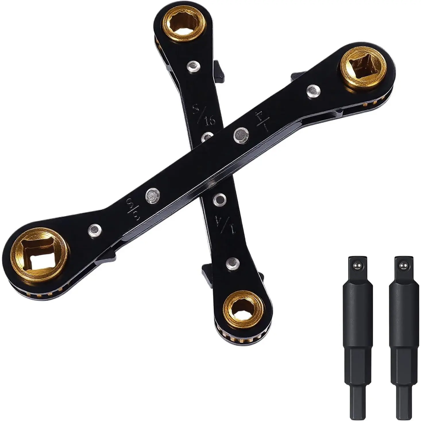 2 count HVAC Service Wrench Set, Curved Ratchet Wrenches (3/8", 1/4", 3/16", 5/16") with 2 Hex Key Converters, for Mini Split AC and Refrigeration Repair, Black