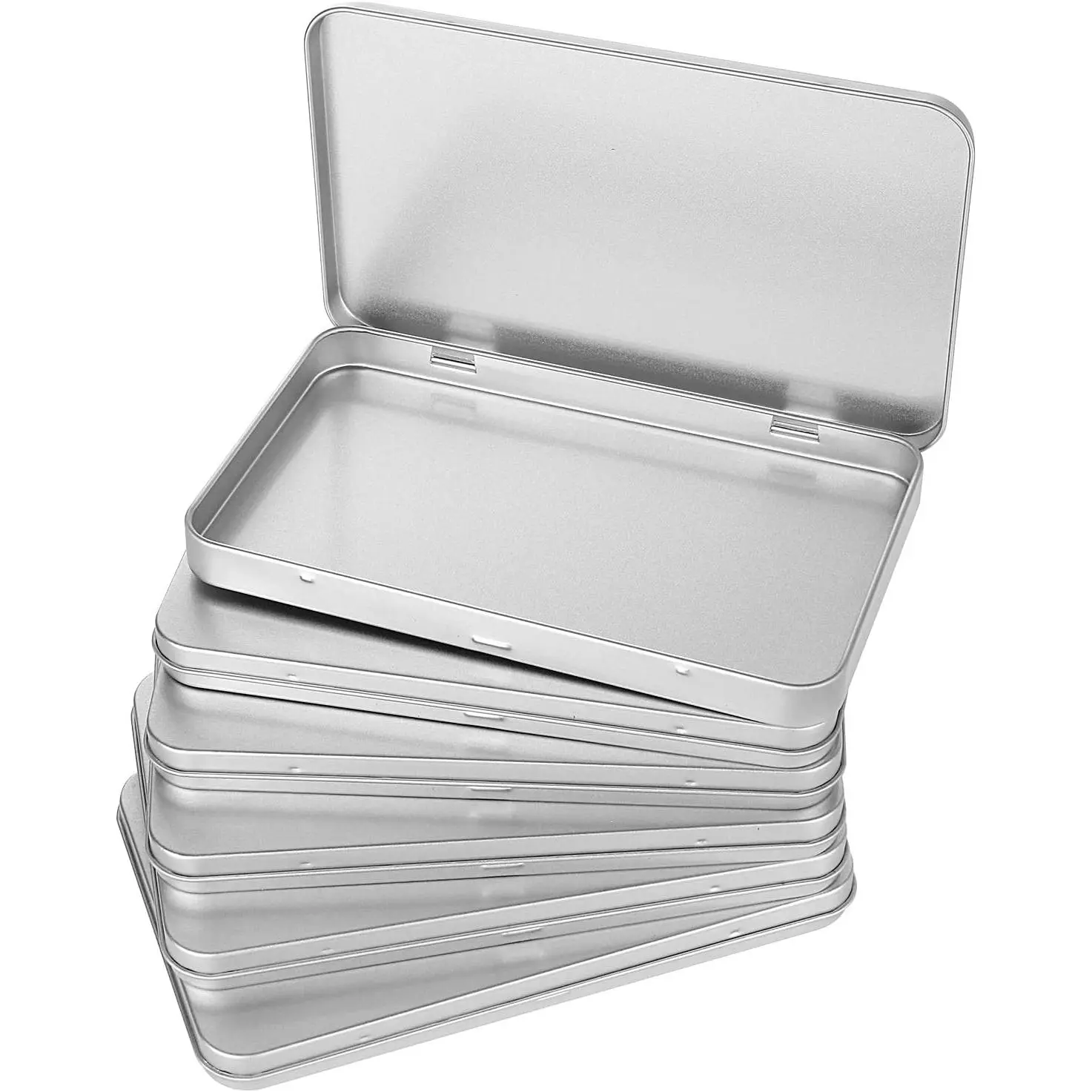 6 Pack Metal Rectangular Hinged Tin Box Container, Sliver Tin Empty Box with Lid, Mini Tin Containers for Watercolor, , Makeup, Candy, Craft Organize(4.2x7x0.6 Inch)