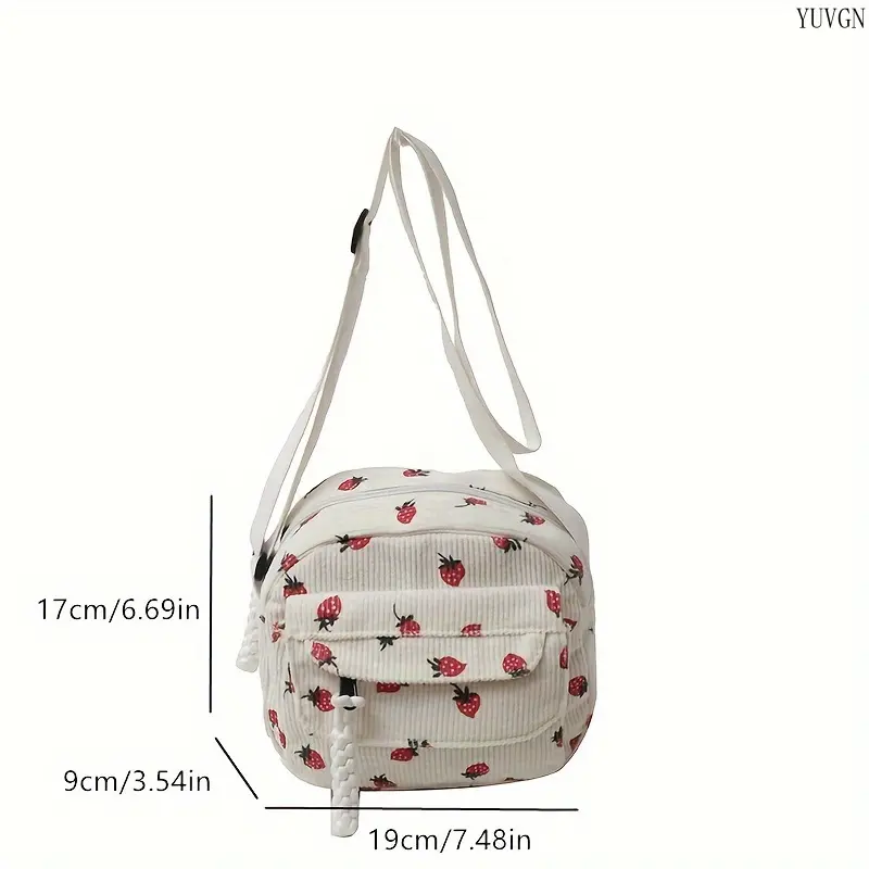 Women's 2026 Solid Corduroy Chic Crossbody Handbag - Cute Strawberry Graphic Mini Square Style with Shoulder Straps, Japanese Mori Gym Bag for Daily Shopping (Fashionable Unique Bags)