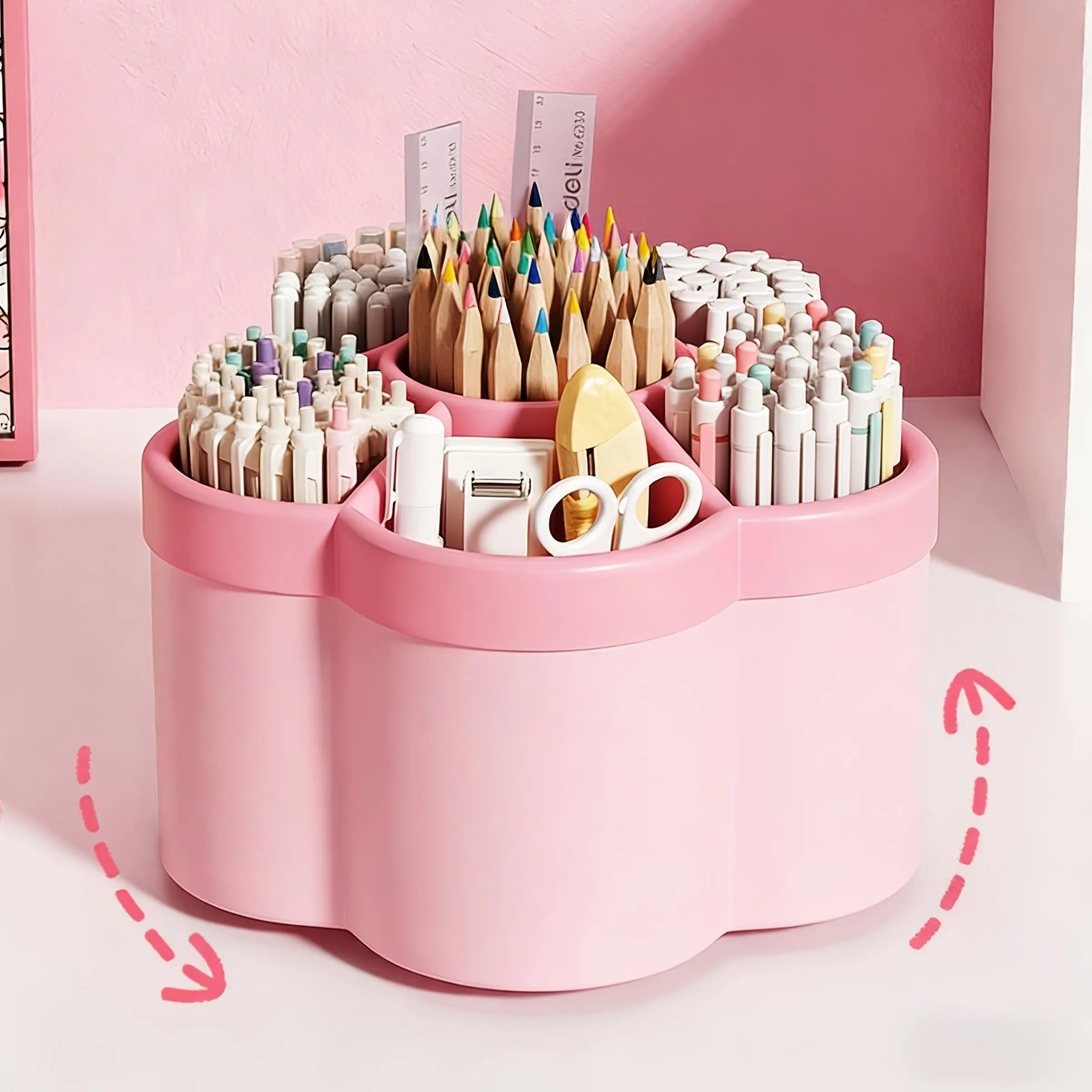 360° Rotating 6-Compartment Pen Holder, Spinning Pencil Organizer, Space-Saving Desktop Storage Caddy, Modern Minimalist Desk Accent