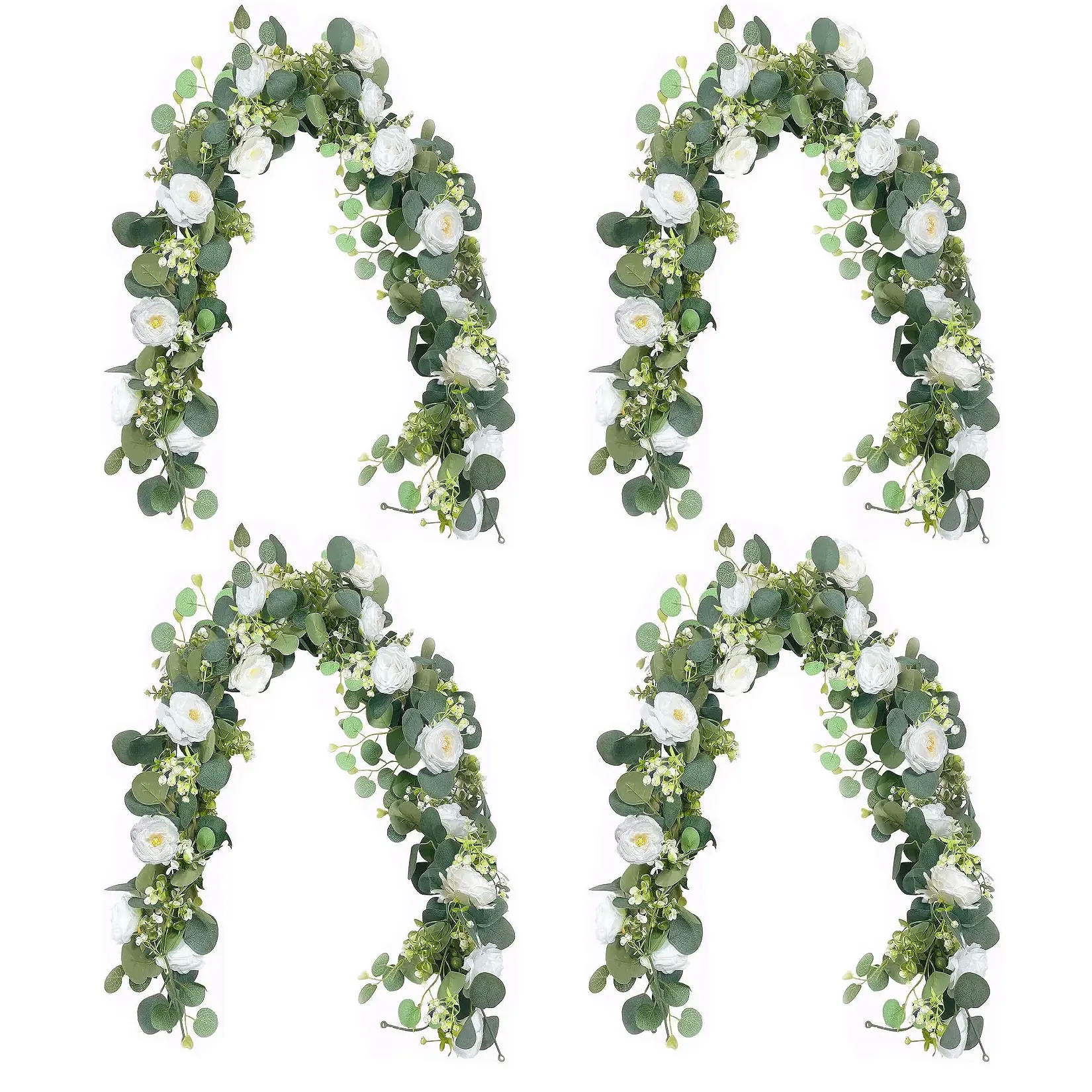 Realistic Artificial White Austin Rose Garland - 4 Pack 71in Silk Rose & Eucalyptus Vine - Flexible Faux Floral Decoration for Home, Wedding Arch, Party, Baby Shower