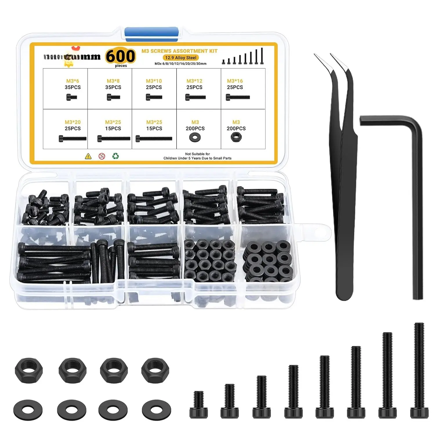 600 count M3 Screws  Kit, Black Alloy Steel M3x 6/8/10/12/16/20/25/30mm Screw Kits with 12.9 Alloy Steel Nuts,  & Washers - Hex Socket  Screws  Set