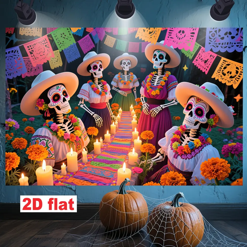 2D Flat Banner Dia de los Muertos themed HD digitally printed polyester photography backdrop, soft lightweight foldable background cloth, suitable for holiday photos, party gatherings, product photography, portrait shooting, video