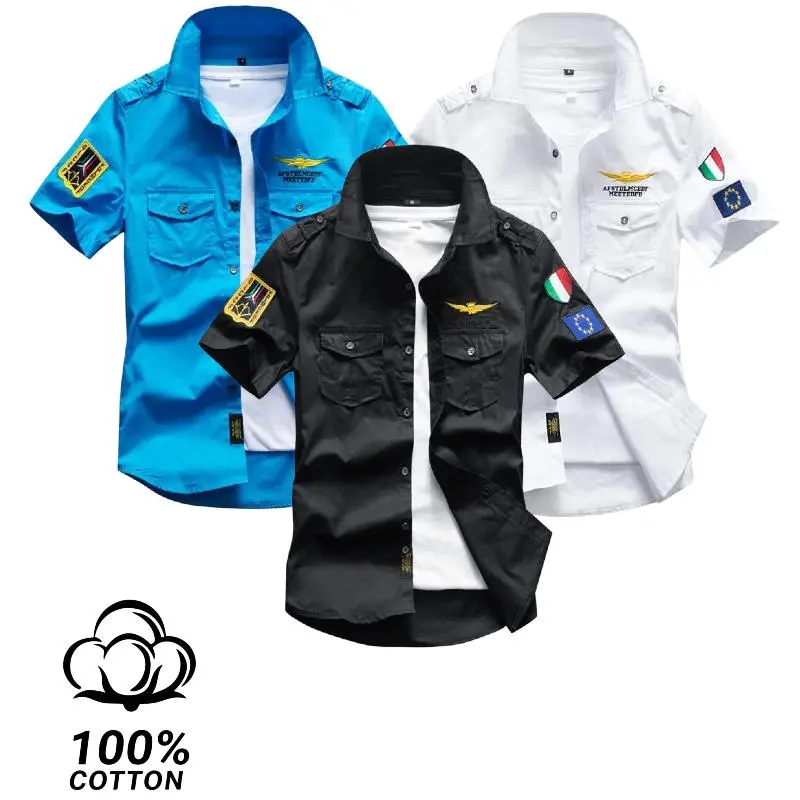 Men's 100% Cotton Collared Neck Short-Sleeve Button-Up Uniform Shirt - Solid Color, Shoulder Straps, Patch Details, Work Wear, Tactical Polo Alternative for Security, Construction