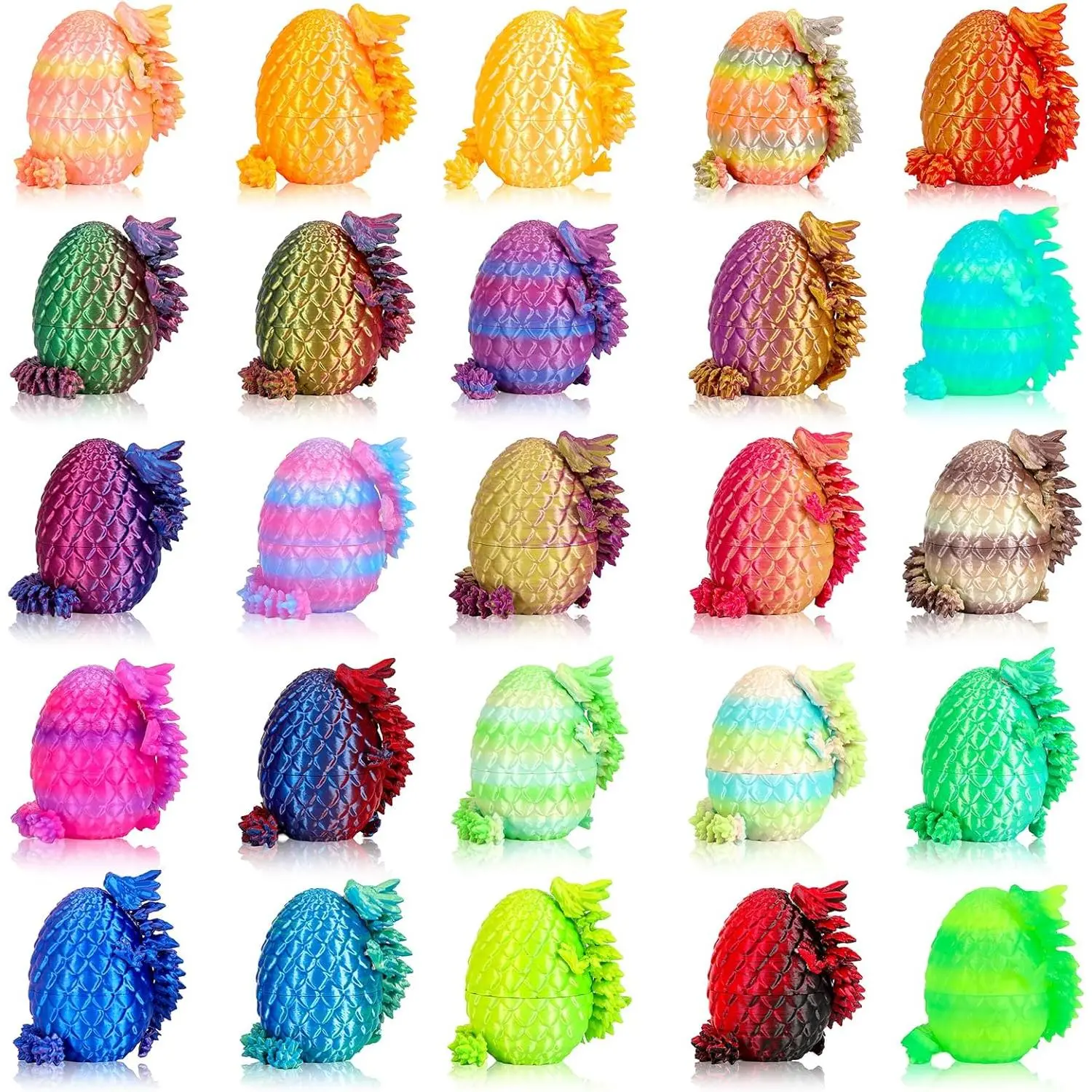 25 Pcs 3D Printed Dragon Eggs with Articulated Dragon Inside, 6.1" Magic Silk Rainbow Dragon Bulk Set, 2.2" Dragon Egg Collection, Unique Gradient Dragon Figurine, Desktop Stress Relief Toys Giftsfidget toys