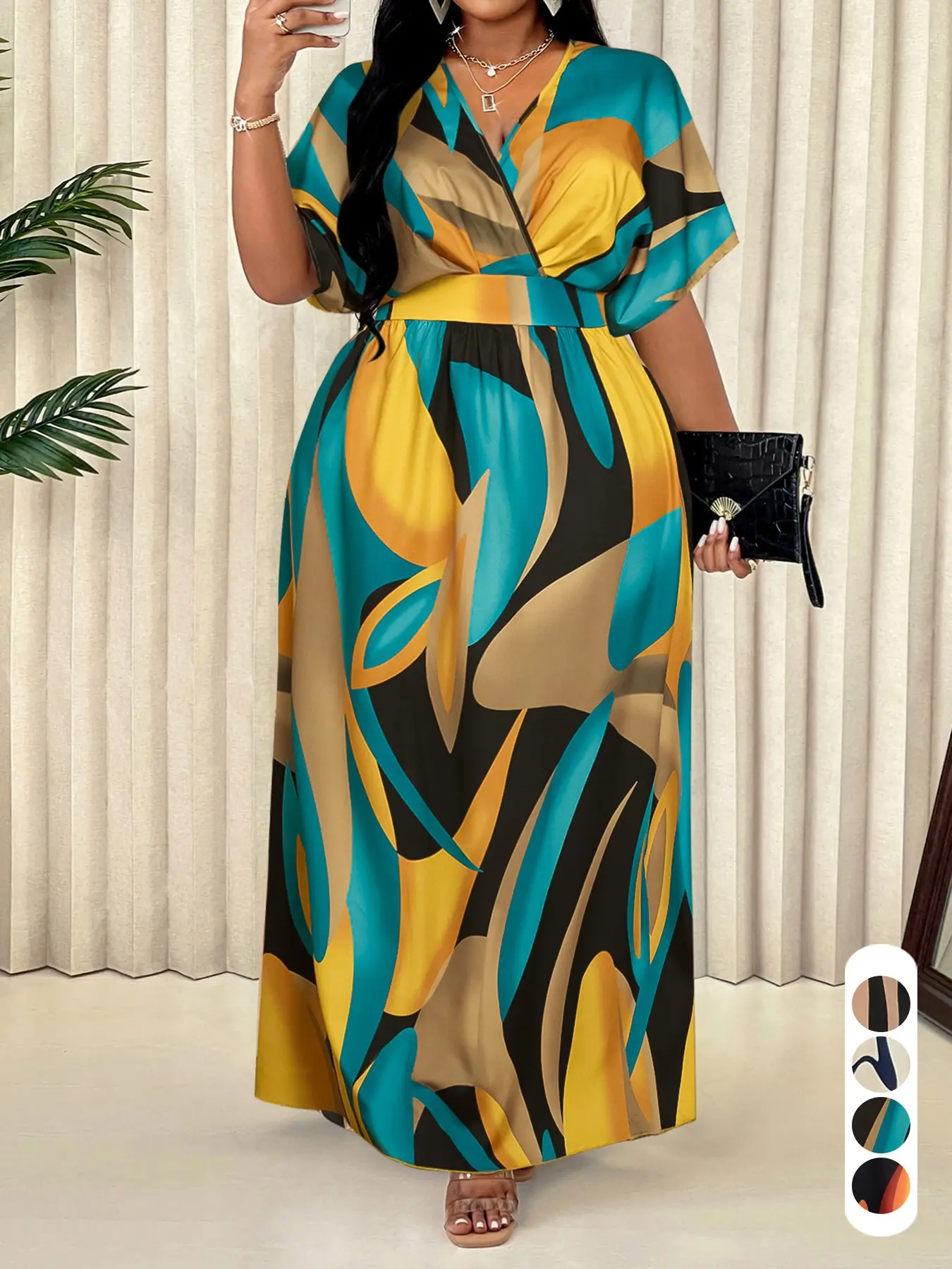 Elegant Sexy Women's Geometric Print Dress, Plus Size V Neck High Waist Wrap Dress, Casual Wear, Casual Elegant Dresses, Fitted Woven Fabric, All Seasons Fashion, Elegance, Womenswear