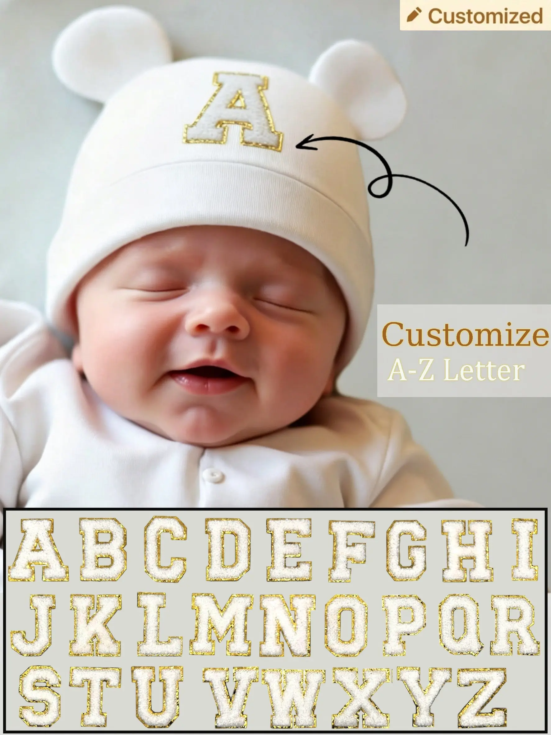 1PC White Warm Newborn Beanie, Gentle Skin Sleep Cap, Infant Home Head Wrap With Custom Full A-Z Letters, Perfect For Hospital & Daily Use, For Babies 0-3M, Great Monthly Birthday Souvenir Gift