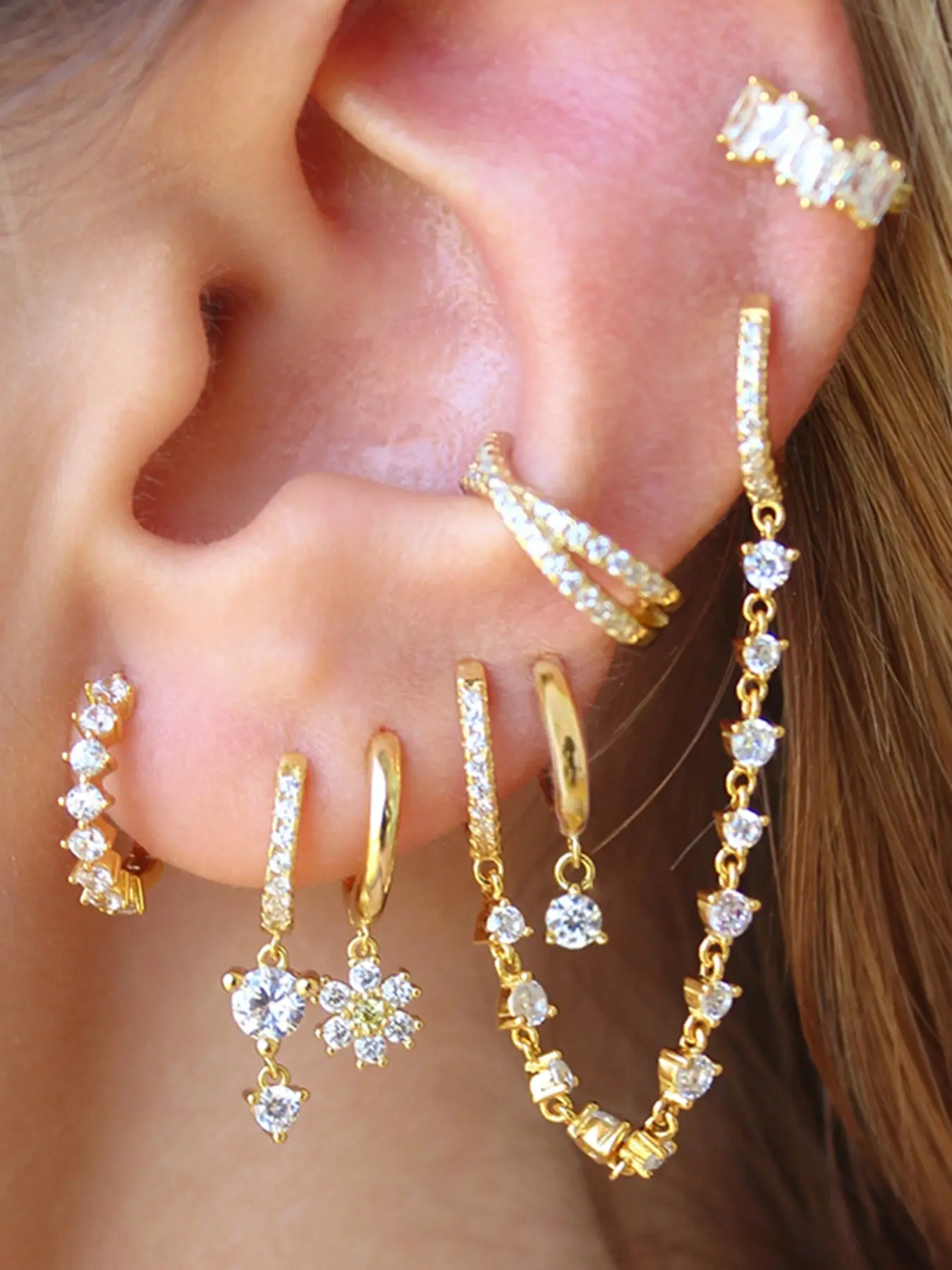7Pcs Gold Plated Earring Stacking Set For Women Fashion Cubic Zirconia Stud Ear Cuff Chain Drop Hoop Earrings Stack Set Wedding Jewelry