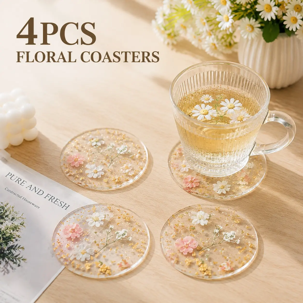 4pcs Transparent Floral Acrylic Tableware Coasters, Waterproof, Non-Slip, Heat Resistant, Home Gift, Kitchen, Office Desk, Wedding Birthday Party Decor, Coaster Set