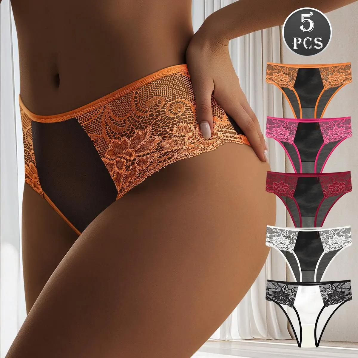 QUASTI 5PCS Mid Waisted Lace Color Blocking Women's Panties Thong, Lightweight Fashion Soft Basic Fit Cool Smooth Briefs, Elegant Multicolored Underwear, Everyday Wear, S-XXL