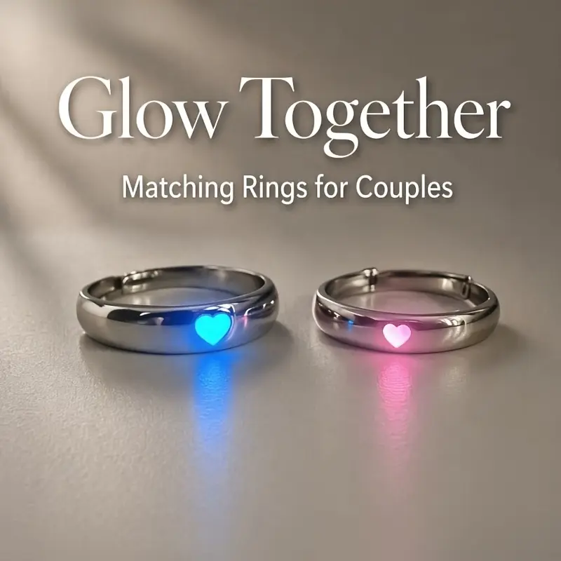 1 Pair Luminous Heart Couple Rings For Men Women, Adjustable Open Silver Tone Band, Blue Pink Glow In Dark Love Matching Rings, Minimalist Daily Dating Valentine Jewelry, 2026 New Arrival