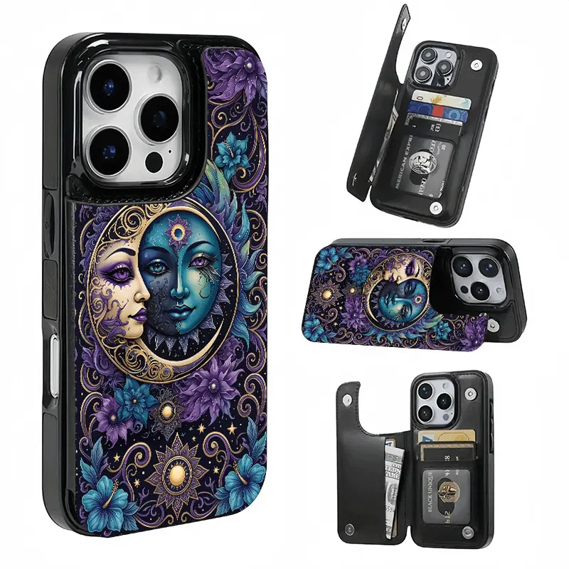 Phone Case - Purple Mysterious Sun and Moon Flower Phone Case with Card Holder Slot for Bank Cards and Transit Cards, Compatible with iPhone 17 16 15 14 13 12 PRO MAX PLUS,AIR, Samsung Galaxy S22/S23/S24/S25 Features.Suitable as a Gift for Friends