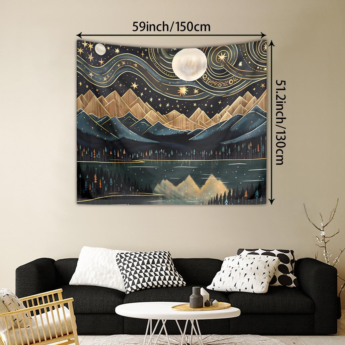 Bohemian Style Mountain & Moon & River & Starry Sky Pattern Tapestry, Creative Wall Hanging Blanket, Wall Art for Home Living Room Bedroom, Vintage Room Decor, Wall Tapestries