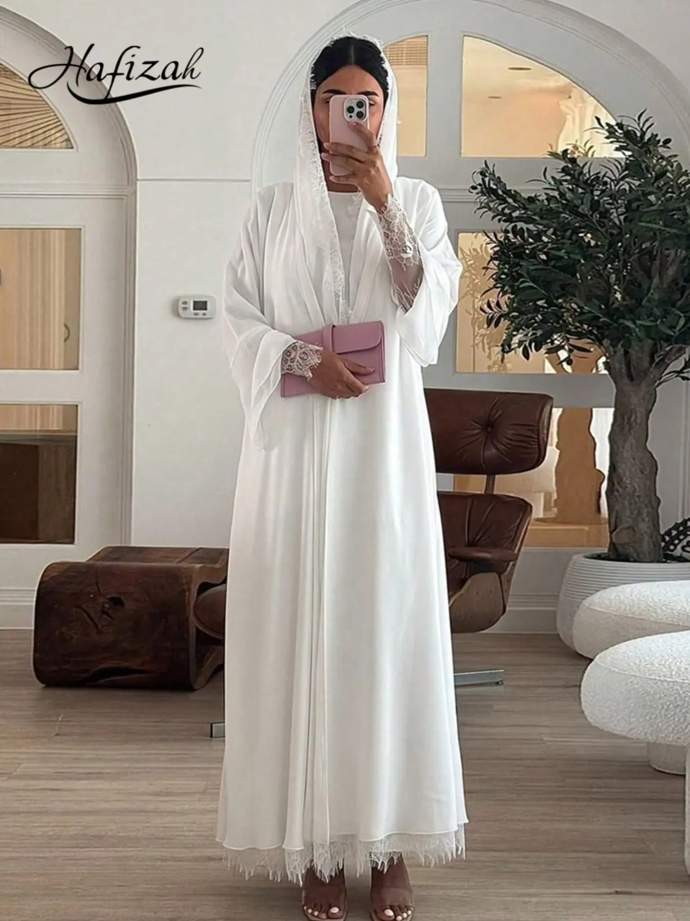 Hafizah Women's Lace Trim Long Relaxed Cardigan & Scarf Set, Loose-Fit Outerwear, All-Season Plain Design, Comfortable Drop Shoulder Style