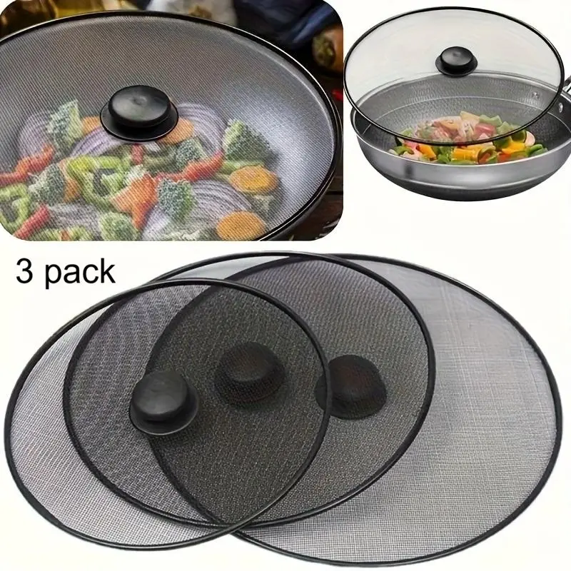 3 Pack Splatter Screen, Frying Pan Splatter Screen, Splash Guard Lid with Knob, Extra Fine Mesh Splash Guard Pot Lid,Iron Coating Grease Guard Frying Pan Cover for Cooking Kitchenware