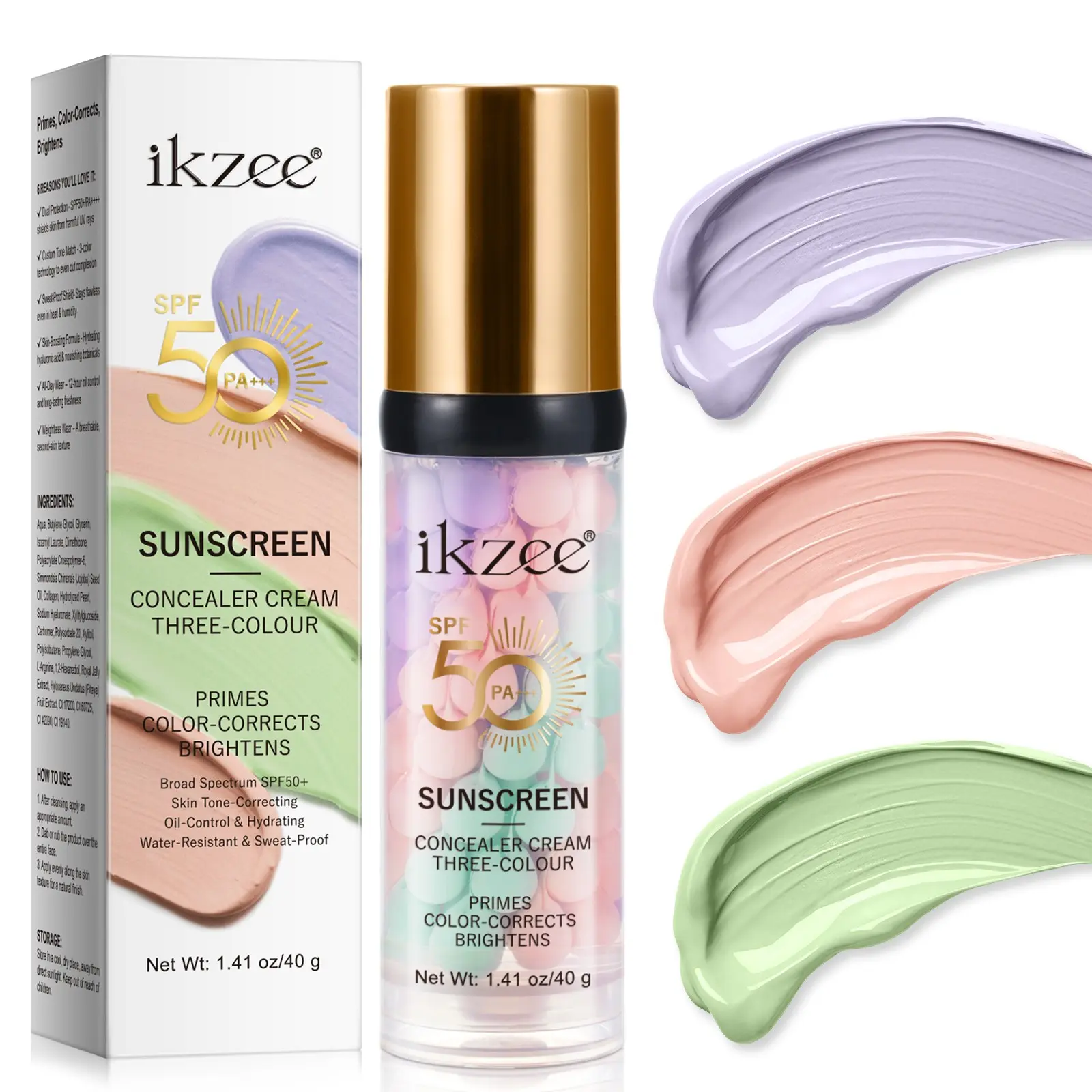 ikzee 3-Color Correcting Primer with Sunscreen, 40g, Makeup prepping cream, Face Primer: A 3-color corrective primer featuring green, purple, and nude sections to correct redness, dullness, and yellow undertones, creating an even, flawless base