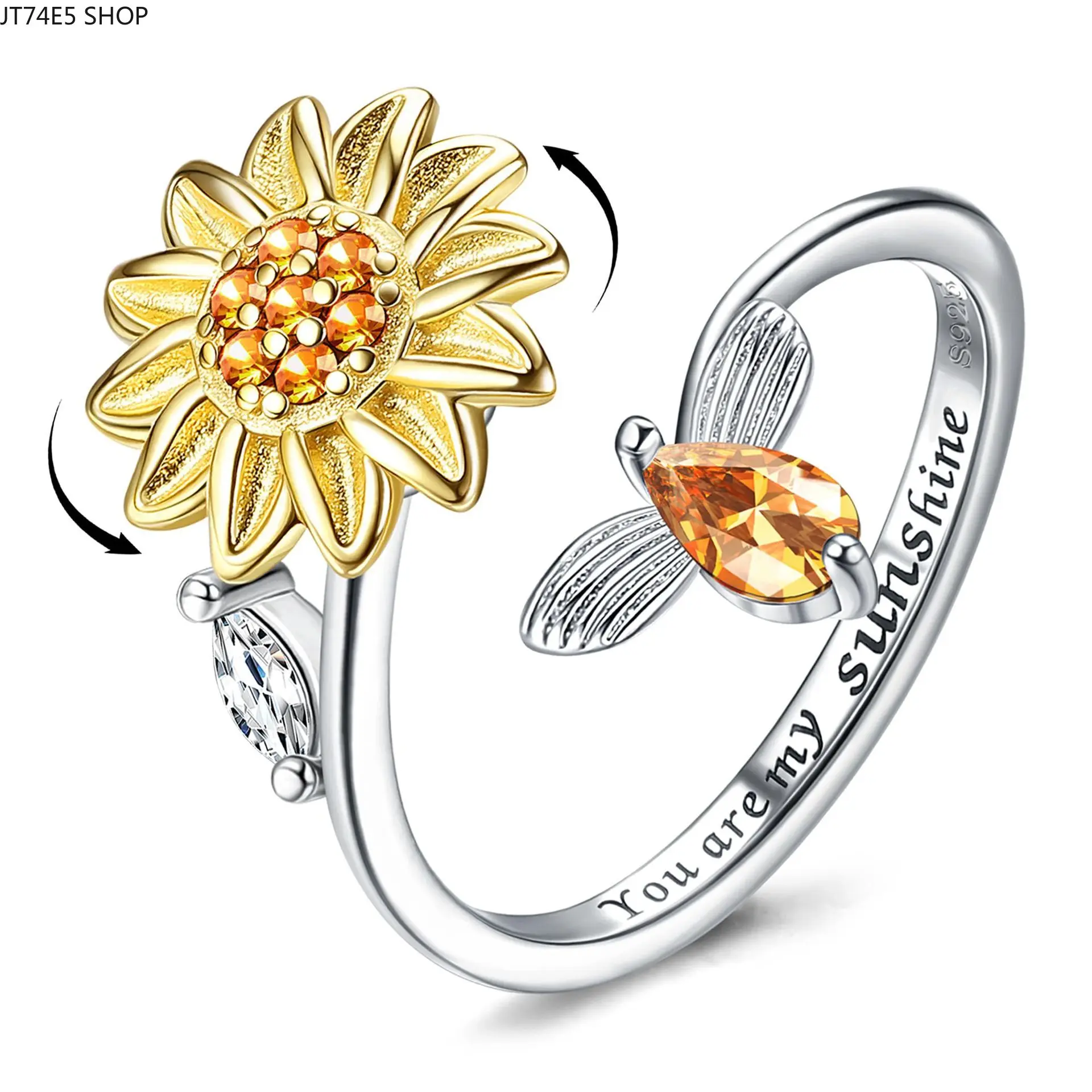 Trendy Sunflower Bee Fidget Ring for Women, Crystal Rhinestone Rotatable Spinner, Open Adjustable Anxiety Stress Relief Band, Finger Rings, Fashion Rings