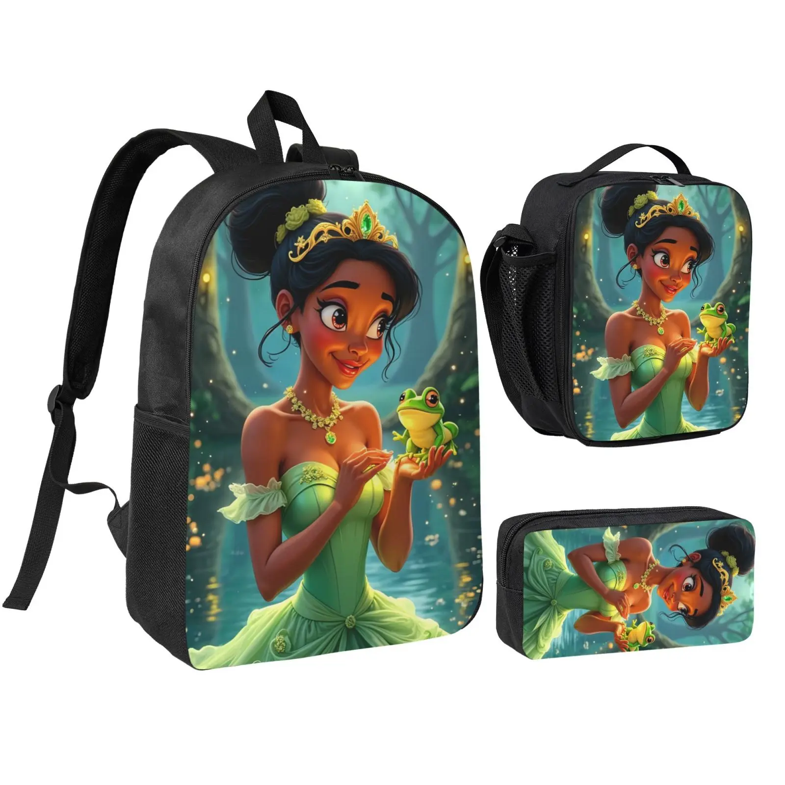 Unisex Princess And The Frog1 3Pcs Anime Backpack Set for Teen Boys Girls, Adjustable Strap School Bookbag with Insulated Lunch Bag & Pencil Case, Lightweight Daypack for School Travel Office