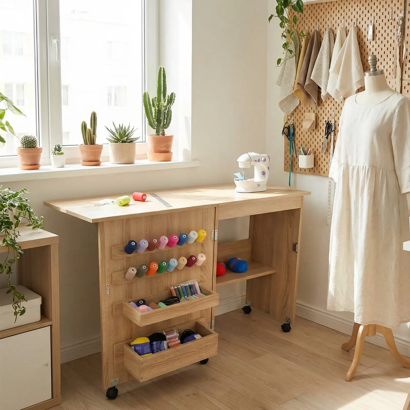 Compact Craft & Sewing Cabinet - Space-Saving Folding Indoor Table with Trays, Wooden Pegs, Magnetic Door, Lockable Wheels, Spacious Top for Craft Rooms, Apartments