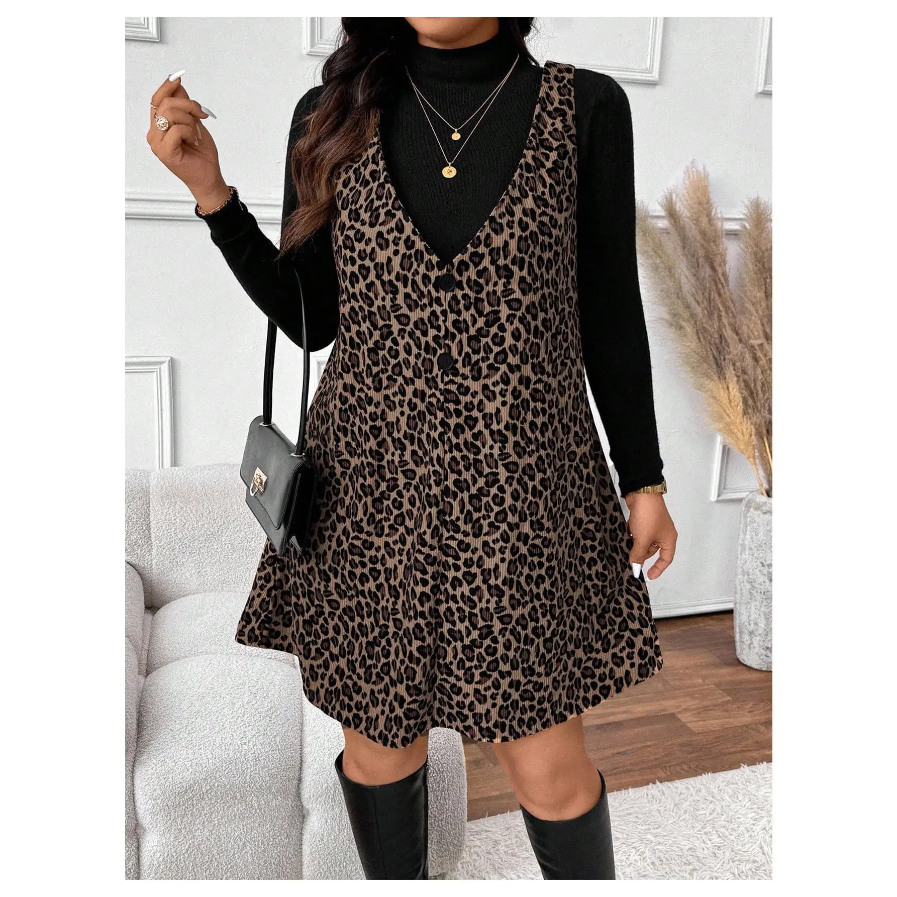 Women's Plus Size 2-Piece Chic Slim Dress Set - Leopard Print Overall Short Dress, Long Sleeve Fitted T-Shirt, Slim Fabric, Day Wear Fall Outfits (Jacket-Inclusive Design), Soft