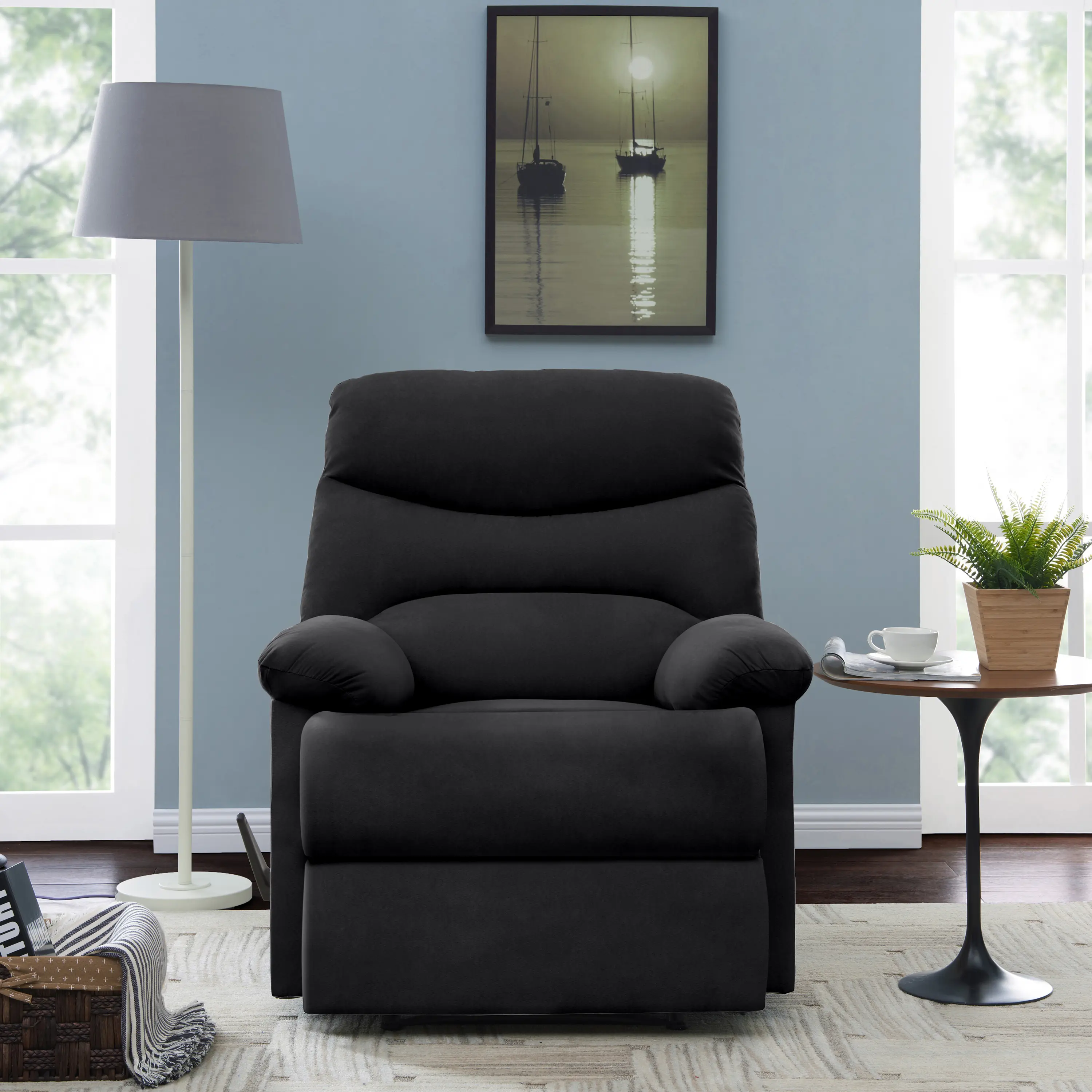 Nokaa Wall Hugger Recliner Chair with Baseball Stitch Design in Black Microsuede Fabric, Space-Saving Close-to-Wall Reclining Lounge Chair for Living Room, Bedroom, Home Theater, Single Seat, Multiple Options