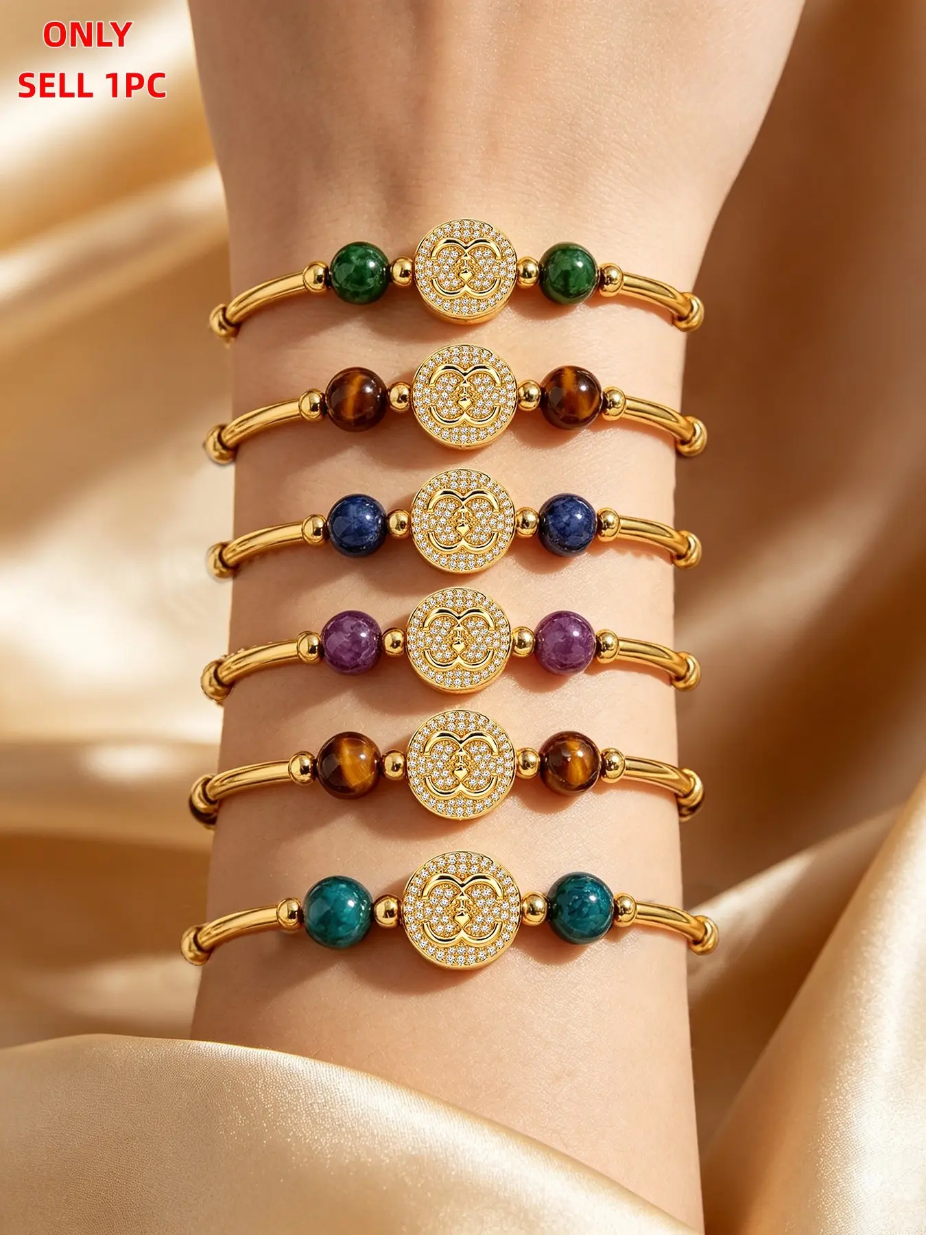 1Pc Natural Gemstone Beaded Bracelet, Gold Plated Zircon Round Charm Stackable Elastic Bracelet , Woman Bracelet With Logo Brand Jewelry Gift