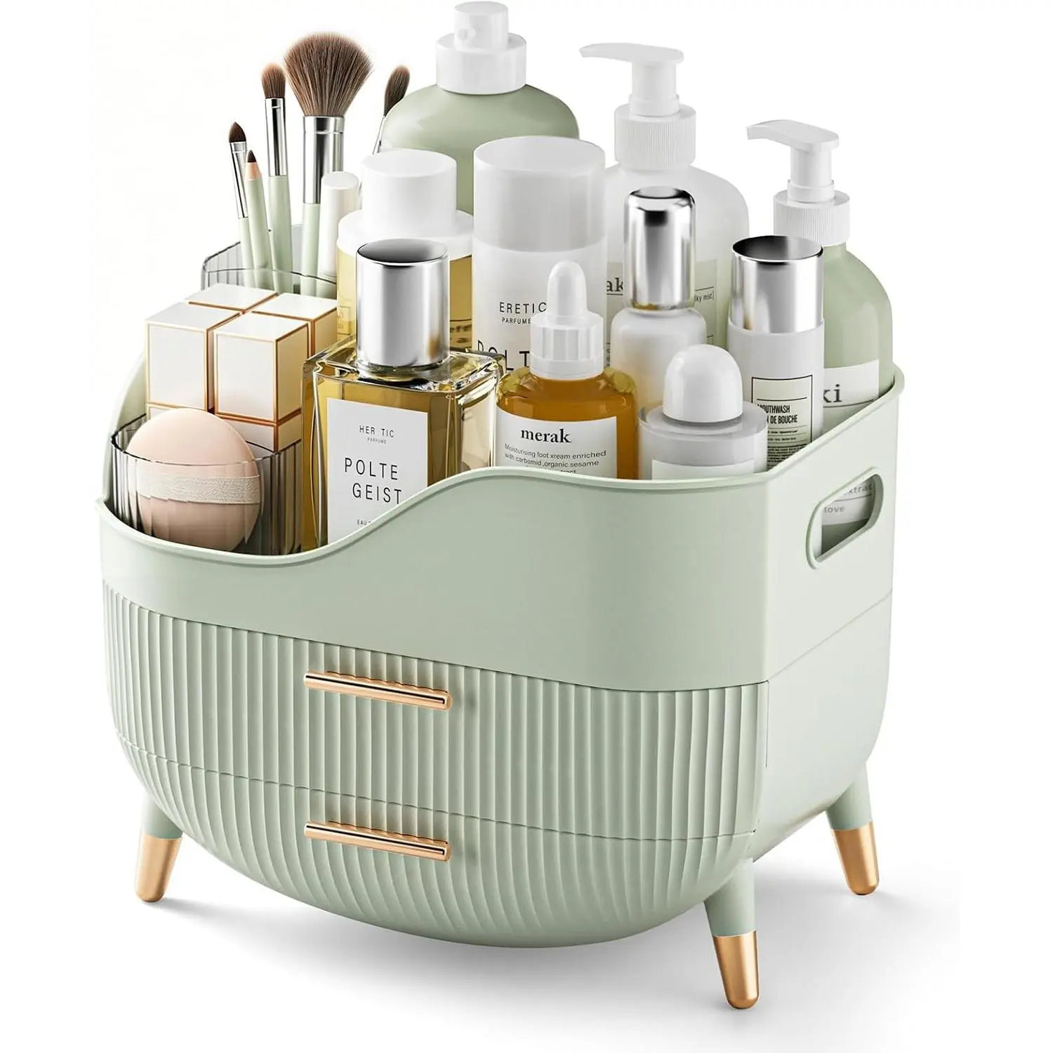Makeup Organizer with Drawers, Green Skincare Organizer for Vanity, Storage Box with Handle, Large Cosmetic Display Case for Dresser, Bathroom Countertop